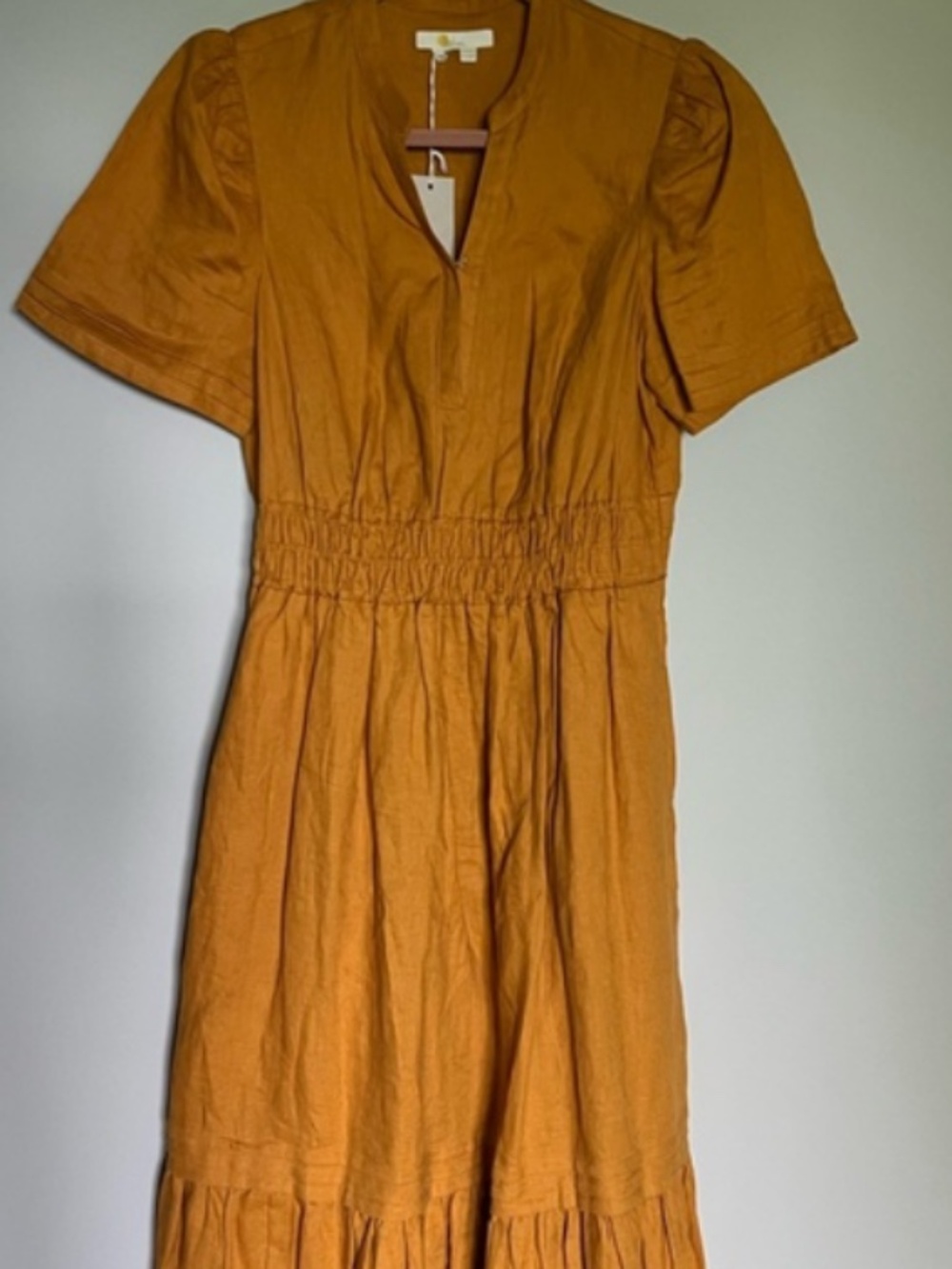 NWT BODEN Gold linen midi dress with ruffle hem SZ 10